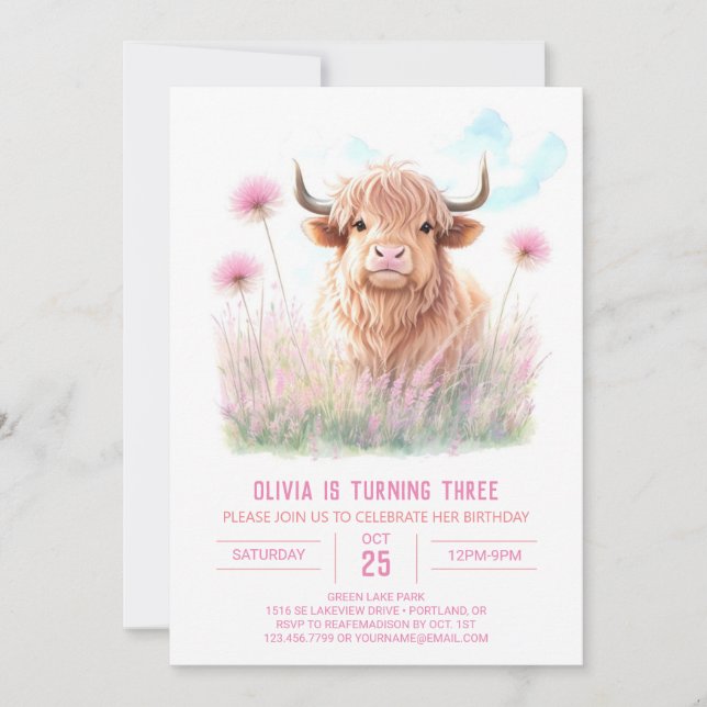 Girl's Highland Cow Dream Birthday Invitation (Front)