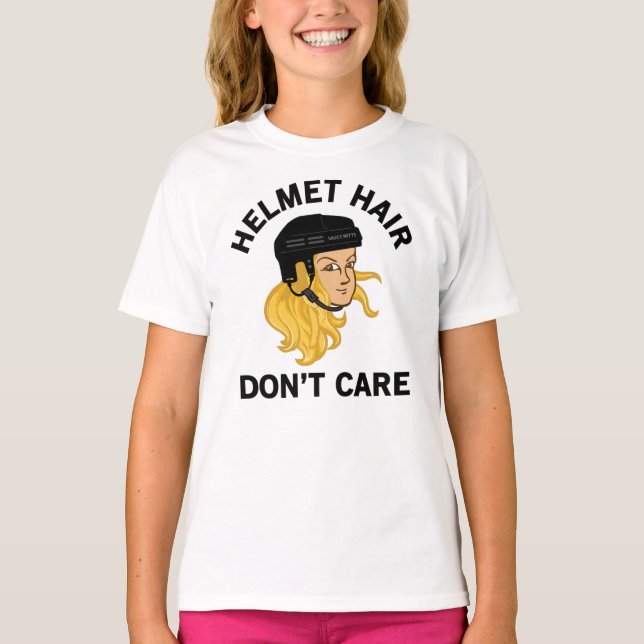 Girls Hockey Helmet Hair Don't Care Blonde Hair T-Shirt (Front)