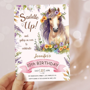 Girls Horse 10th Birthday Purple Floral Saddle Up Invitation