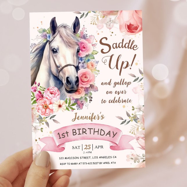 Girls Horse 1st Birthday Bloom Flowers Saddle Up! Invitation (Creator Uploaded)