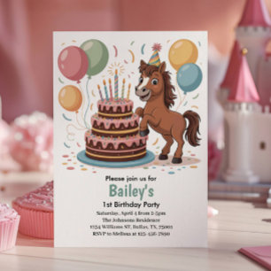 Girls Horse 1st Birthday Party Invitation