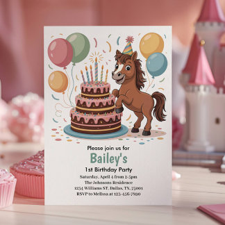 Girls Horse 1st Birthday Party Invitation