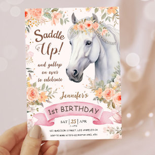 Girls Horse 1st Birthday Pink Floral Saddle Up Invitation