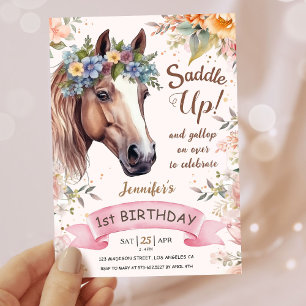 Girls Horse 1st Birthday Pink Floral Saddle Up   Invitation