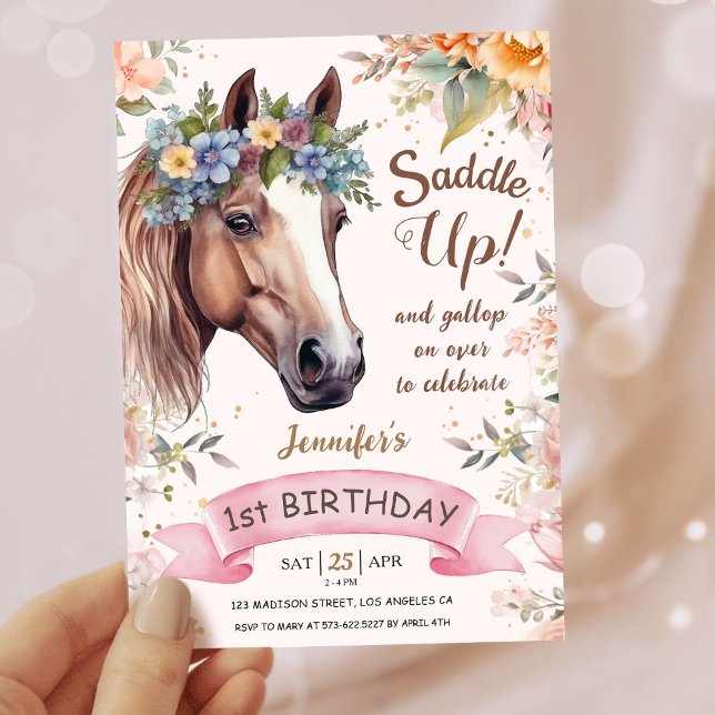 Girls Horse 1st Birthday Pink Floral Saddle Up   Invitation (Creator Uploaded)