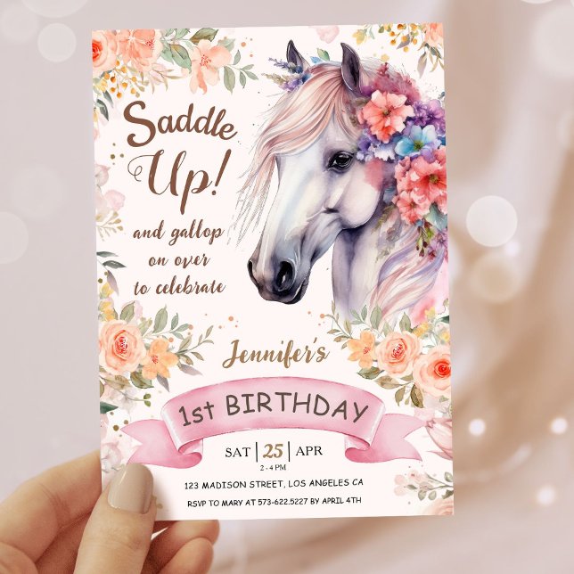 Girls Horse 1st Birthday Pink Flowers Saddle Up!  Invitation (Creator Uploaded)