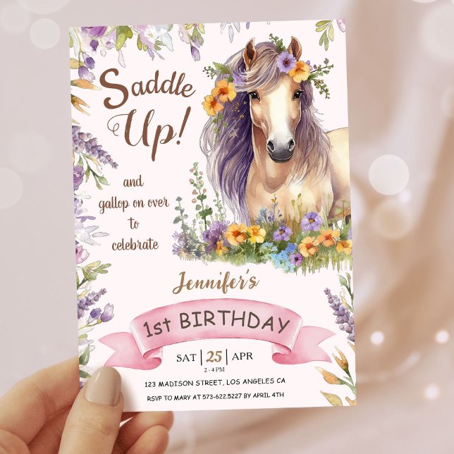 Girls Horse 1st Birthday Purple Floral Saddle Up Invitation (Creator Uploaded)