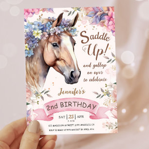 Girls Horse 2nd Birthday Floral Saddle Up!  Invitation