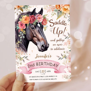 Girls Horse 2nd Birthday  Pink Cowgirl Saddle Up Invitation
