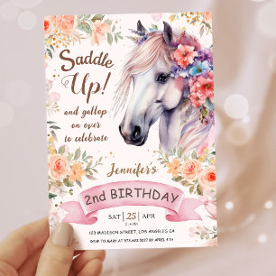Girls Horse 2nd Birthday Pink Flowers Saddle Up!  Invitation