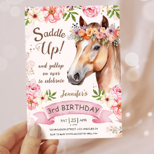 Girls Horse 3rd Birthday Floral Saddle Up! Invitation