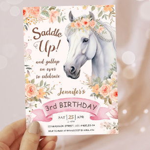 Girls Horse 3rd Birthday Pink Floral Saddle Up Invitation