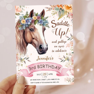 Girls Horse 3rd Birthday Pink Floral Saddle Up Invitation