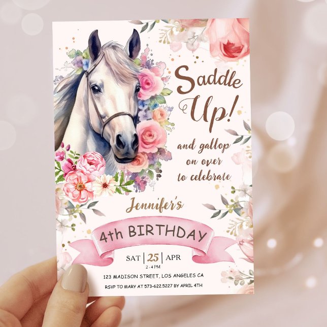 Girls Horse 4th Birthday Bloom Flowers Saddle Up! Invitation (Creator Uploaded)