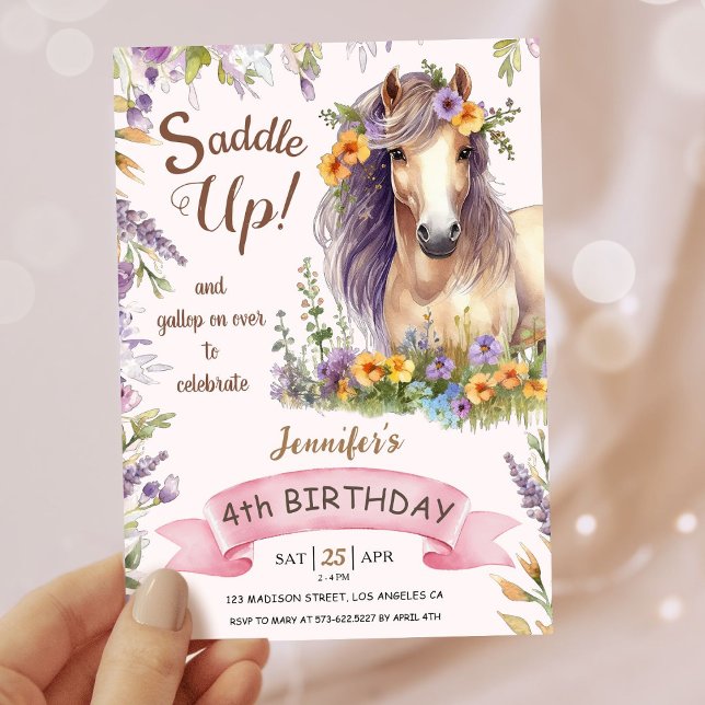 Girls Horse 4th Birthday Purple Floral Saddle Up Invitation (Creator Uploaded)