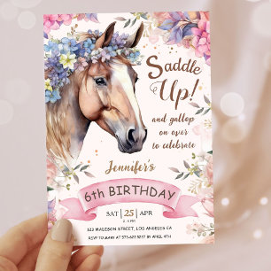 Girls Horse 6th Birthday Floral Saddle Up!  Invitation
