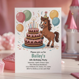 Girls Horse 6th Birthday Party Invitation