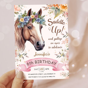 Girls Horse 6th Birthday Pink Floral Saddle Up Invitation