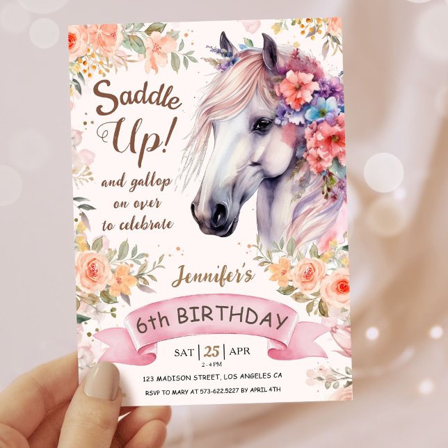 Girls Horse 6th Birthday Pink Flowers Saddle Up!  Invitation (Creator Uploaded)