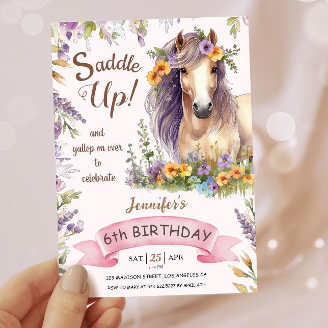Girls Horse 6th Birthday Purple Floral Saddle Up Invitation (Creator Uploaded)