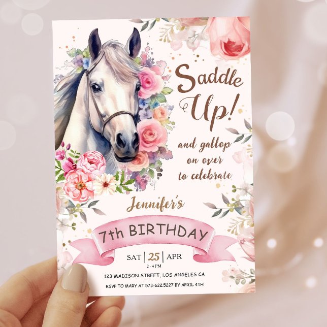 Girls Horse 7th Birthday Bloom Flowers Saddle Up! Invitation (Creator Uploaded)
