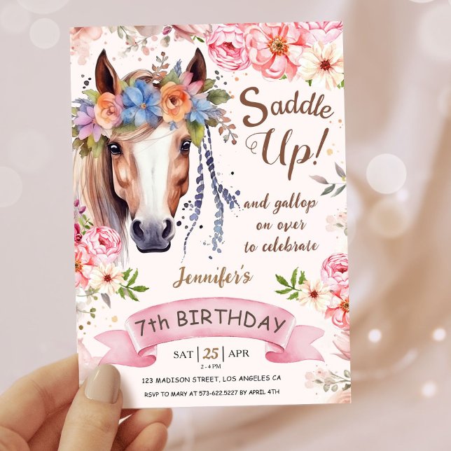 Girls Horse 7th Birthday Pink Floral Cowgirl Invitation (Creator Uploaded)