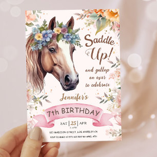 Girls Horse 7th Birthday Pink Floral Saddle Up Invitation