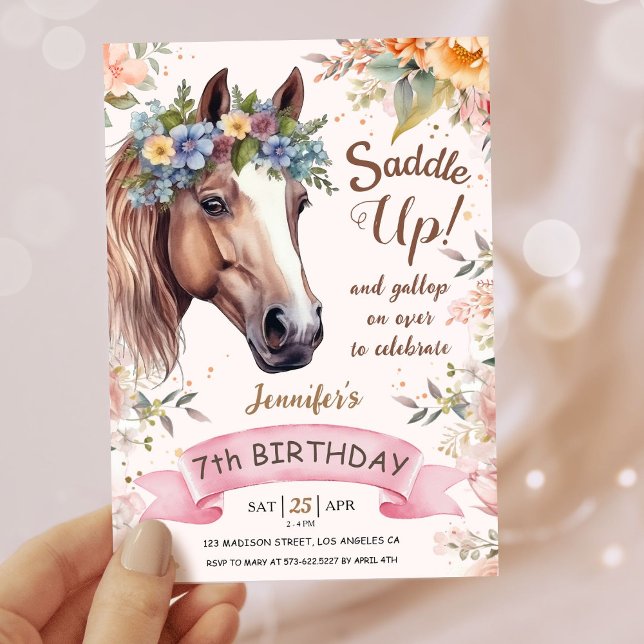 Girls Horse 7th Birthday Pink Floral Saddle Up   Invitation (Creator Uploaded)