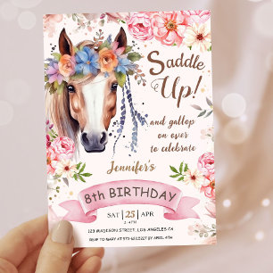 Girls Horse 8th Birthday Pink Floral Cowgirl Invitation