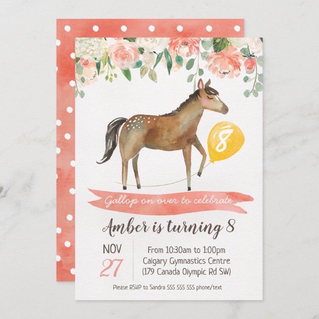 Girls Horse Birthday Party Invitation (Front/Back)