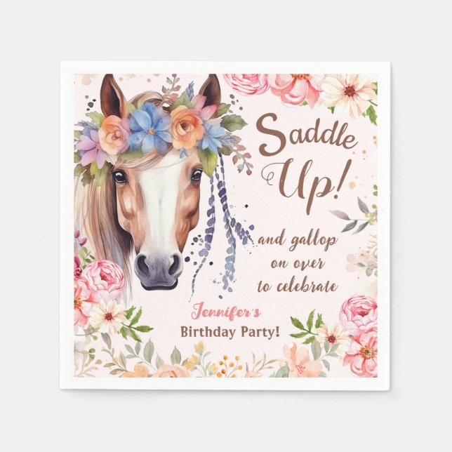 Girls Horse Birthday Party Paper Napkin (Front)