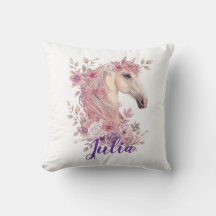 Girls Horse Pony Pastel Floral Throw Pillow