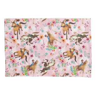 Girls & Horses Pink Watercolor Floral Pattern Pillowcase