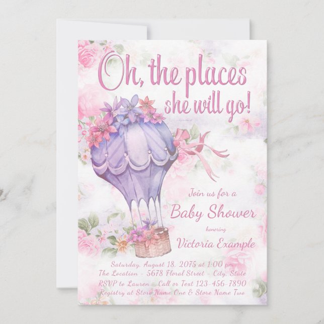 Girls Hot Air Balloon Baby Shower Invitations (Front)