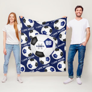 girls I love soccer text blue black Fleece Blanket