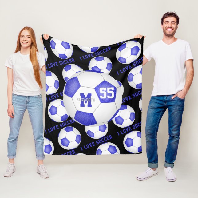 girls I love soccer text blue white black Fleece Blanket (In Situ)