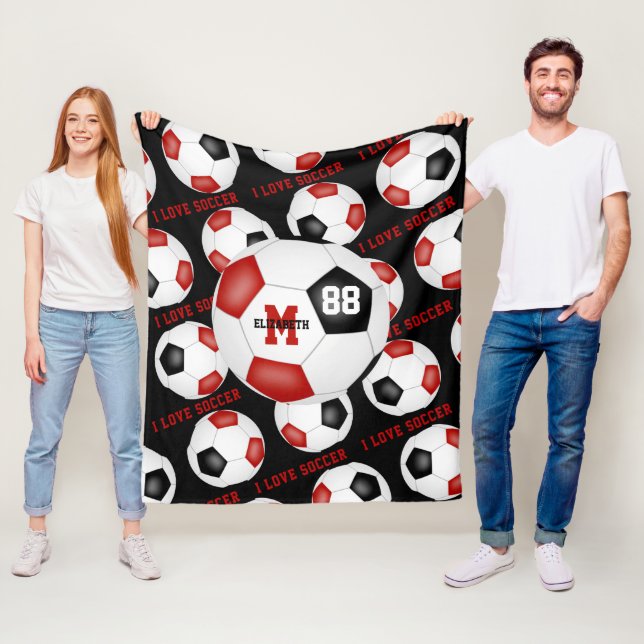 girls I love soccer text red black white Fleece Blanket (In Situ)