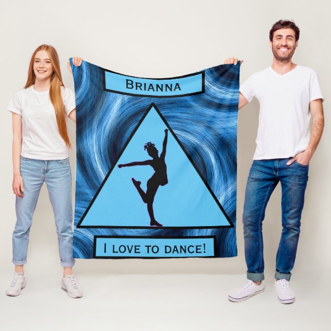 Girls "I Love To Dance" Blue Swirls Fleece Blanket (In Situ)