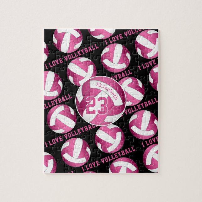 girls I love volleyball bright pink personalised Jigsaw Puzzle (Vertical)