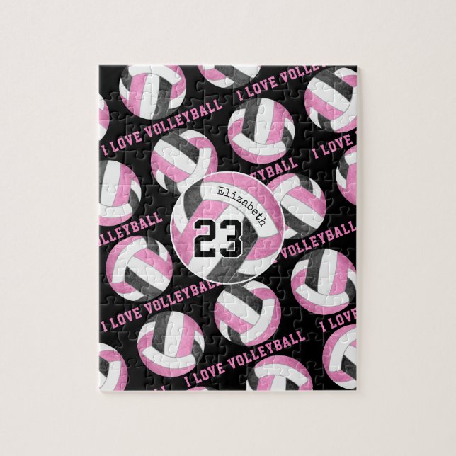 girls I love volleyball pink black personalised Jigsaw Puzzle (Vertical)