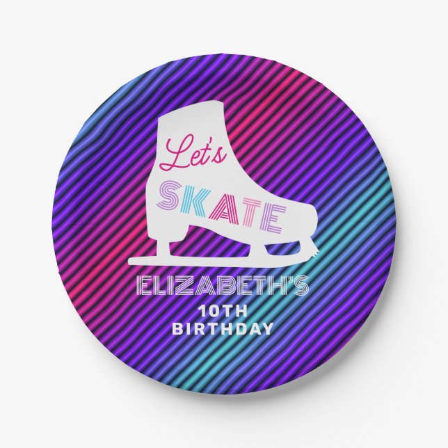 Girls Ice Skating Birthday Neon  Paper Plate (Front)