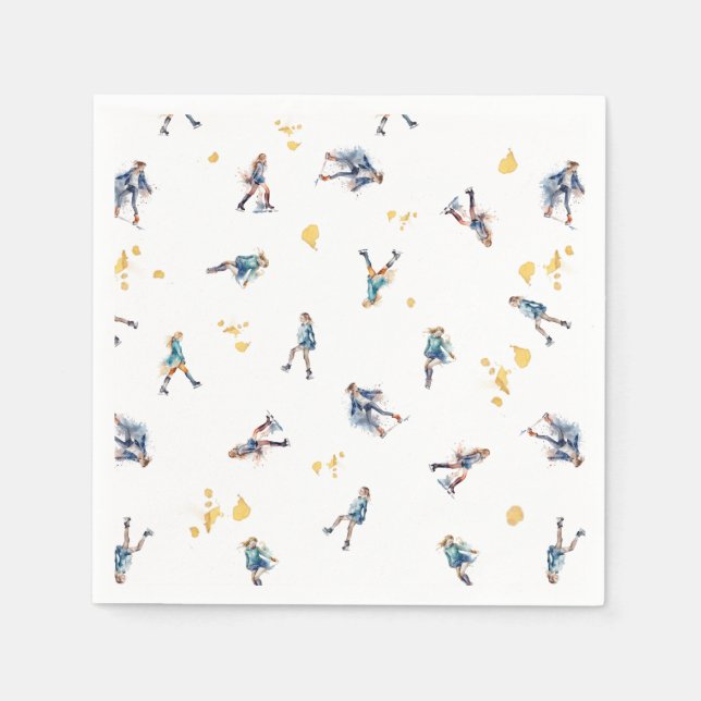 Girls Ice-Skating, Hockey Blue Gold Birthday Party Napkin (Front)