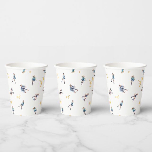 Girls Ice-Skating, Hockey Blue Gold Birthday Party Paper Cups (Multi)