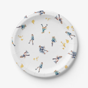 Girls Ice-Skating, Hockey Blue Gold Birthday Party Paper Plate