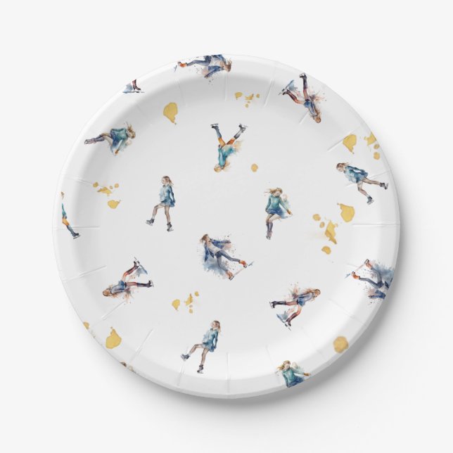 Girls Ice-Skating, Hockey Blue Gold Birthday Party Paper Plate (Front)