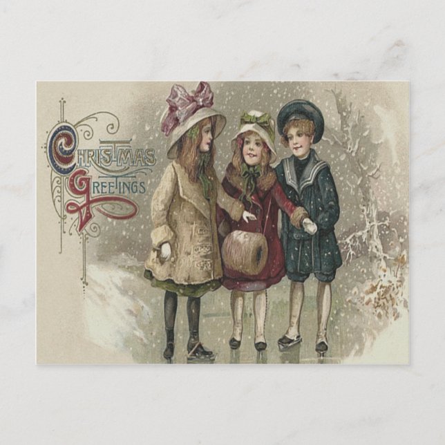 Girls Ice Skating Snow Frozen Pond Postcard (Front)