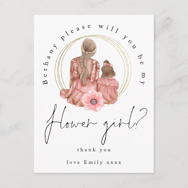Girls Illustration Be My Flower Girl Request Invitation Postcard (Front)