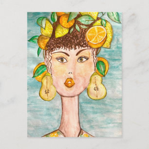 Girl's Illustration with Fruit on Her Head Postcard