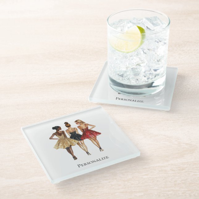 Girls in Glam Gold Black Red Dresses Glass Coaster (Angled)