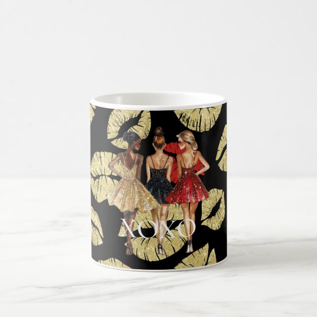 Girls in Glam Gold Black Red Dresses Lips Kiss Coffee Mug (Center)